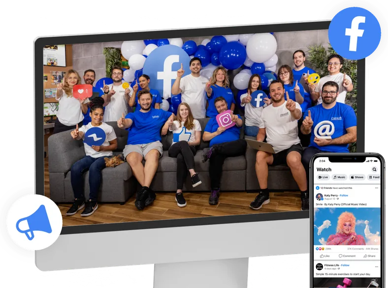 Équipe de Delisoft entourée de ballons Facebook à l’écran d’un ordinateur, avec un téléphone et un porte-voix
